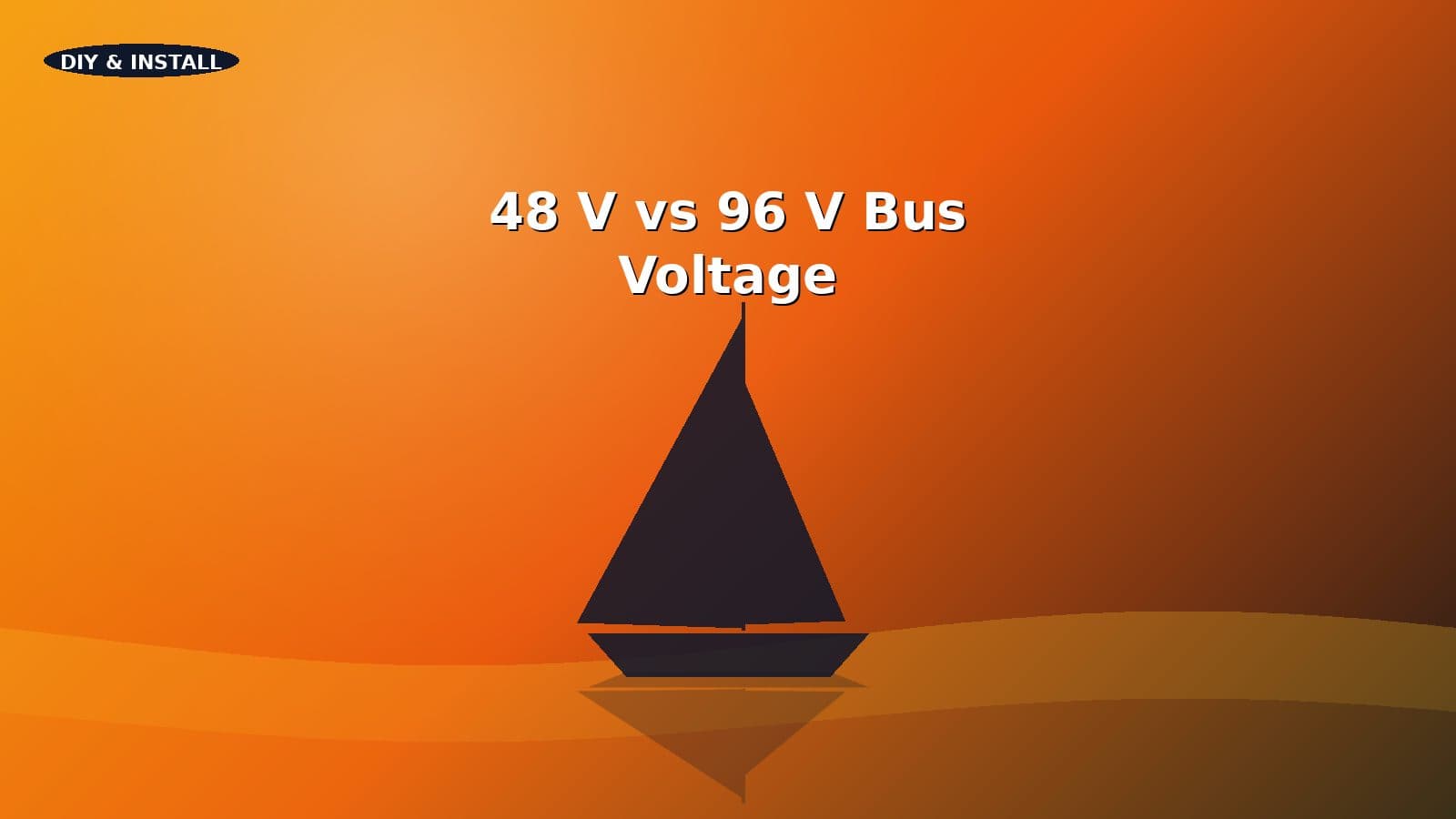 Sailboat with cabling diagrams comparing 48 V and 96 V DC bus architectures.